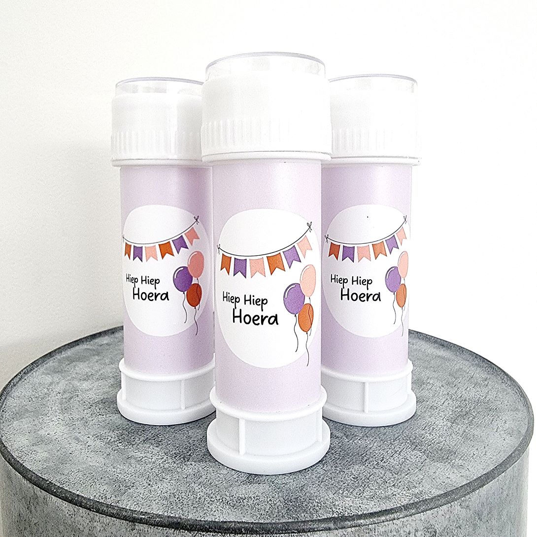 hiep-hiep-hoera-paars Bellenblaaslabel | hiep hiep hoera | 8 stuks - Afbeelding 1