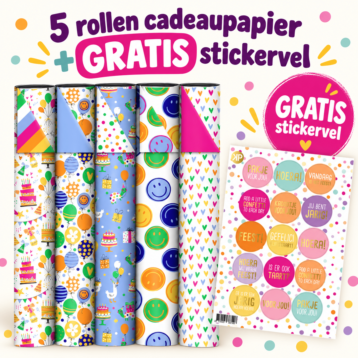113589ee-f5c7-433d-96cb-042d22668460 Cadeaupapier | Kids | 5 rollen - Afbeelding 1